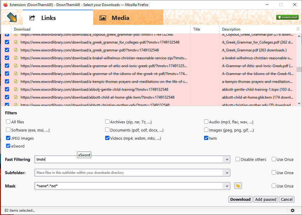 downthemall mask for esword files